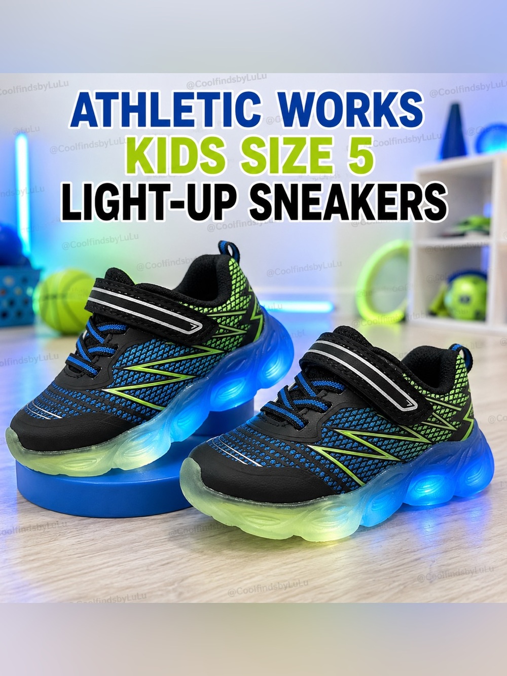 Athletic Works Kids Light-Up Sneakers - Black with Blue & Green Accents (Size 5)